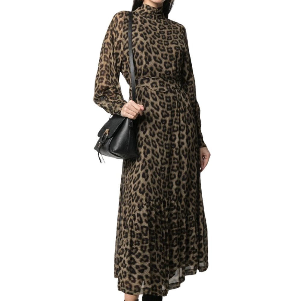 ba&sh Brown and Black Leopard Print Long Sleeve Midi Dress